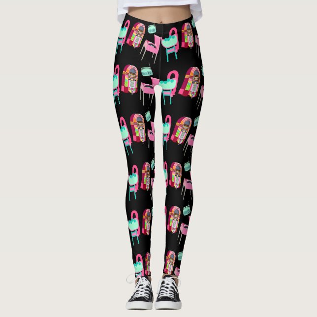 Fun Fifties Jukebox Music Players Pattern Leggings (Front)