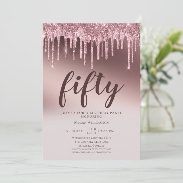  Fun Fifty Surprise Pink Glitter Birthday Invitation (Standing Front)