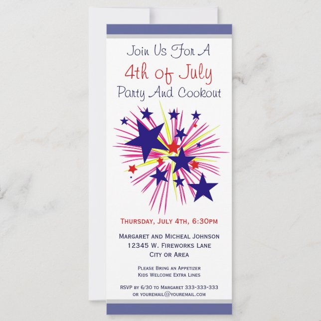 Fun Fireworks and Stars on White 4th of July Party Invitation (Front)