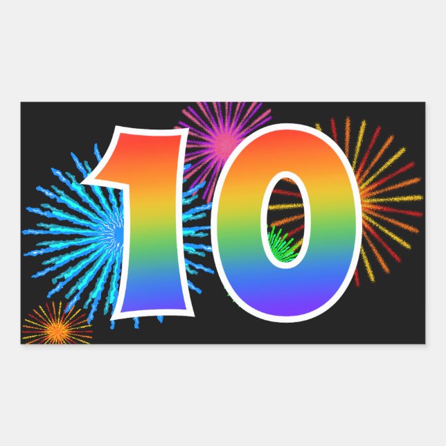 Fun Fireworks + Rainbow Pattern "10" Event Number Sticker (Front)