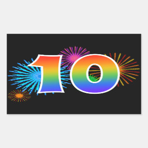 Fun Fireworks + Rainbow Pattern "10" Event Number Sticker