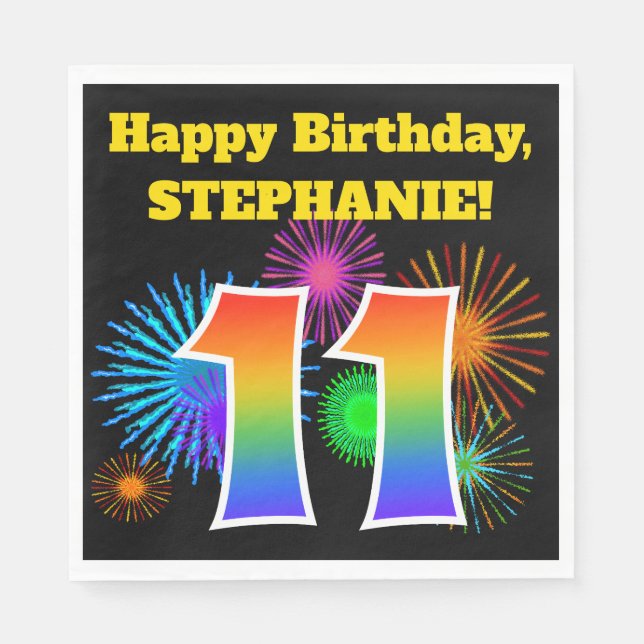 Fun Fireworks + Rainbow Pattern "11" Birthday # Napkin (Front)