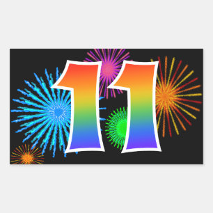 Fun Fireworks + Rainbow Pattern "11" Event Number Sticker
