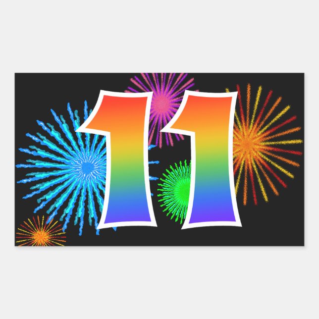 Fun Fireworks + Rainbow Pattern "11" Event Number Sticker (Front)