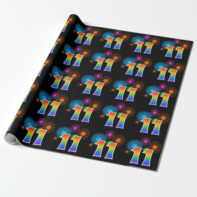 Fun Fireworks + Rainbow Pattern "11" Event Number Wrapping Paper (Unrolled)