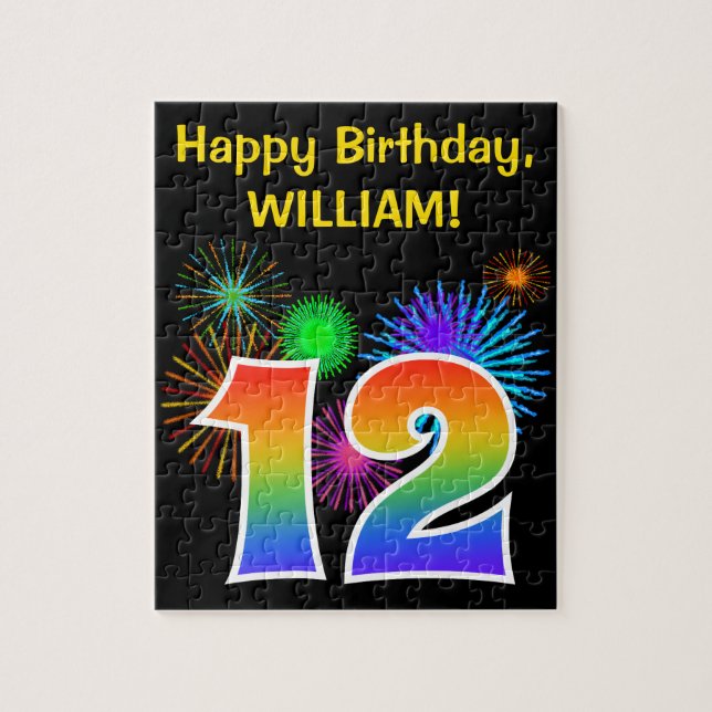 Fun Fireworks + Rainbow Pattern "12" Birthday # Jigsaw Puzzle (Vertical)