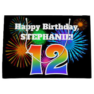 Fun Fireworks + Rainbow Pattern "12" Birthday # Large Gift Bag