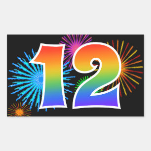 Fun Fireworks + Rainbow Pattern "12" Event Number Sticker