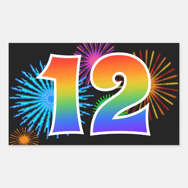 Fun Fireworks + Rainbow Pattern "12" Event Number Sticker (Front)
