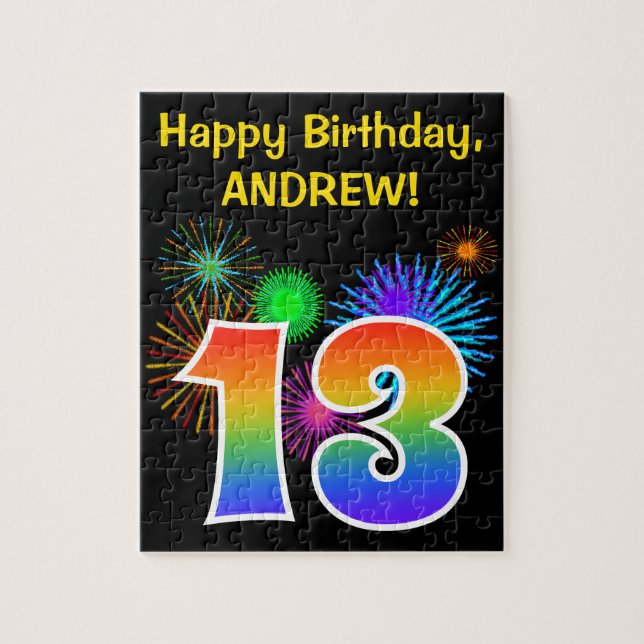 Fun Fireworks + Rainbow Pattern "13" Birthday # Jigsaw Puzzle (Vertical)
