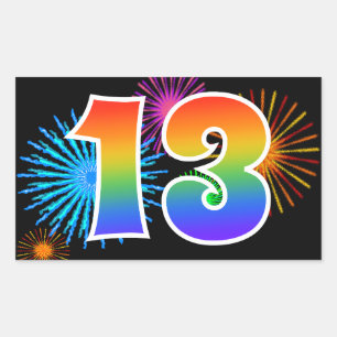 Fun Fireworks + Rainbow Pattern "13" Event Number Sticker