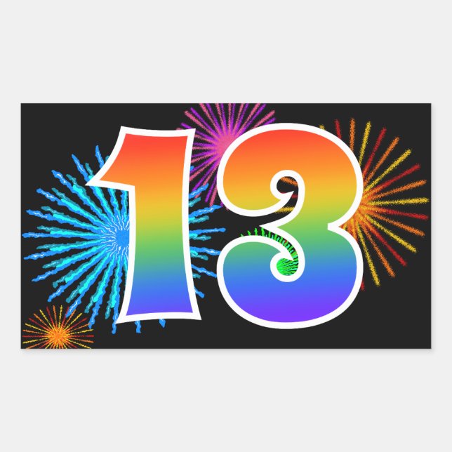 Fun Fireworks + Rainbow Pattern "13" Event Number Sticker (Front)