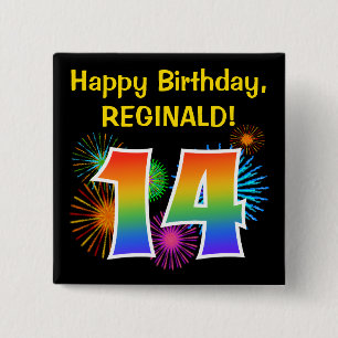 Fun Fireworks + Rainbow Pattern "14" Birthday # 2 Inch Square Button