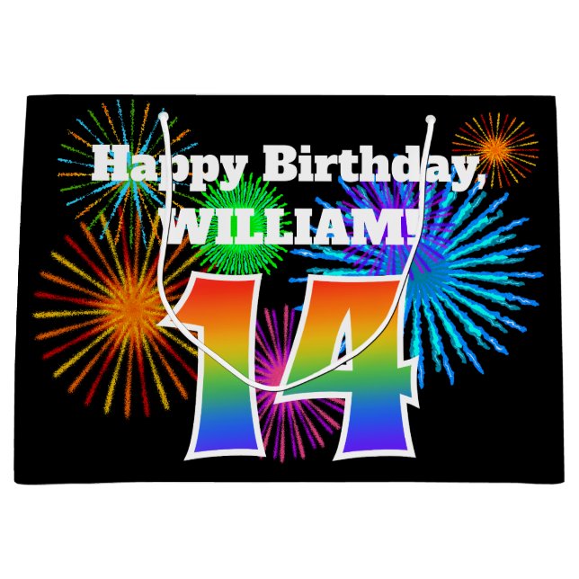 Fun Fireworks + Rainbow Pattern "14" Birthday # Large Gift Bag (Front)