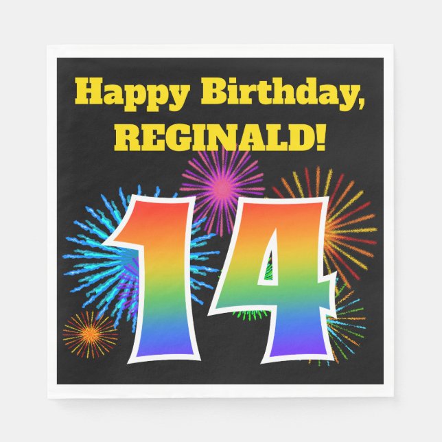 Fun Fireworks + Rainbow Pattern "14" Birthday # Napkin (Front)