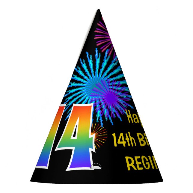 Fun Fireworks + Rainbow Pattern "14" Birthday # Party Hat (Left)
