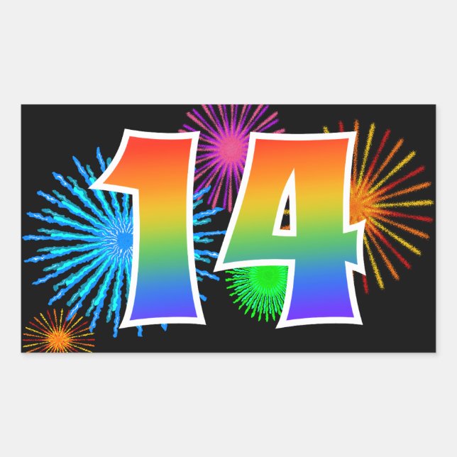 Fun Fireworks + Rainbow Pattern "14" Event Number Sticker (Front)