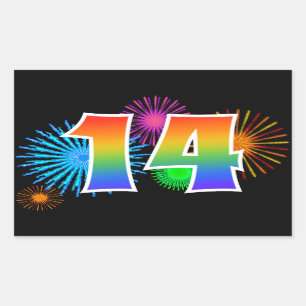 Fun Fireworks + Rainbow Pattern "14" Event Number Sticker
