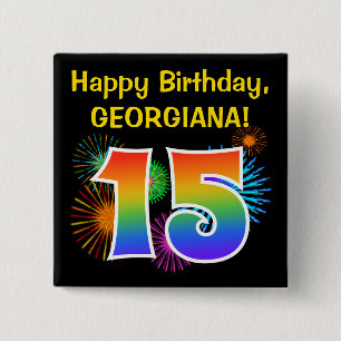 Fun Fireworks + Rainbow Pattern "15" Birthday # 2 Inch Square Button