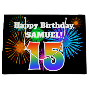 Fun Fireworks + Rainbow Pattern "15" Birthday # Large Gift Bag