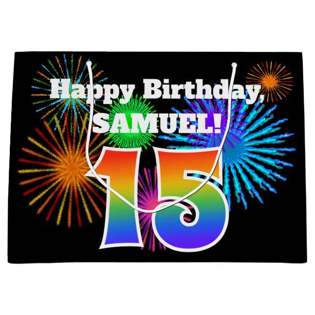 Fun Fireworks + Rainbow Pattern "15" Birthday # Large Gift Bag (Front)