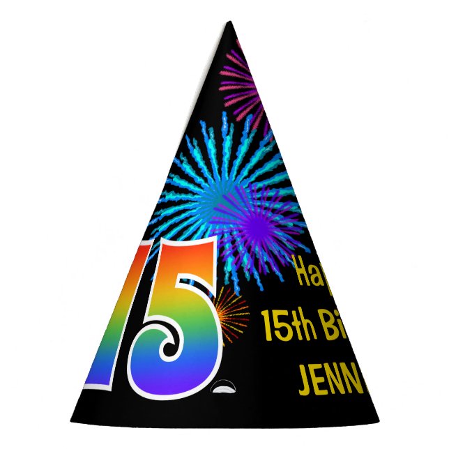 Fun Fireworks + Rainbow Pattern "15" Birthday # Party Hat (Left)