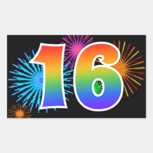 Fun Fireworks + Rainbow Pattern "16" Event Number Sticker