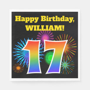 Fun Fireworks + Rainbow Pattern "17" Birthday # Napkin