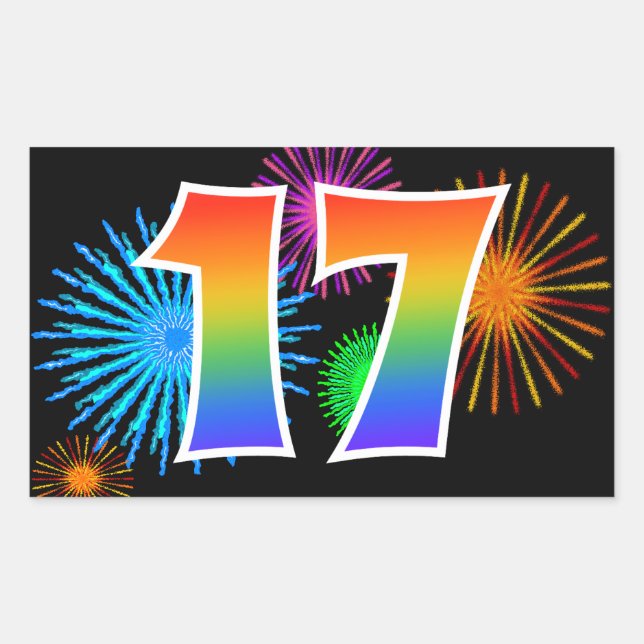 Fun Fireworks + Rainbow Pattern "17" Event Number Sticker (Front)