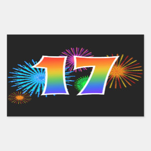 Fun Fireworks + Rainbow Pattern "17" Event Number Sticker