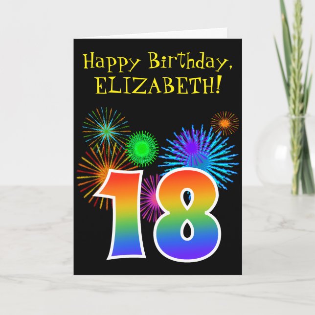 Fun Fireworks + Rainbow Pattern "18" Birthday # Card (Front)