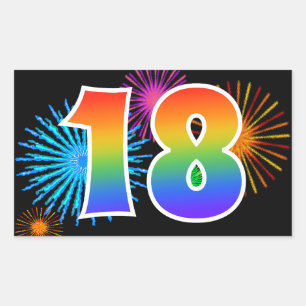 Fun Fireworks + Rainbow Pattern "18" Event Number Sticker