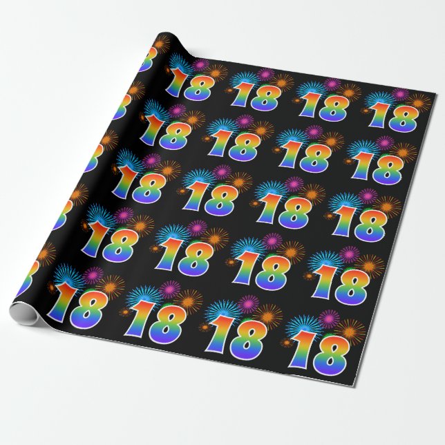 Fun Fireworks + Rainbow Pattern "18" Event Number Wrapping Paper (Unrolled)