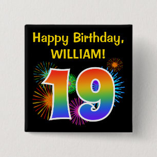 Fun Fireworks + Rainbow Pattern "19" Birthday # 2 Inch Square Button