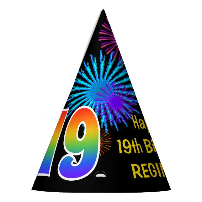 Fun Fireworks + Rainbow Pattern "19" Birthday # Party Hat (Left)