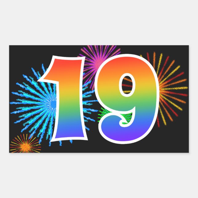 Fun Fireworks + Rainbow Pattern "19" Event Number Sticker (Front)