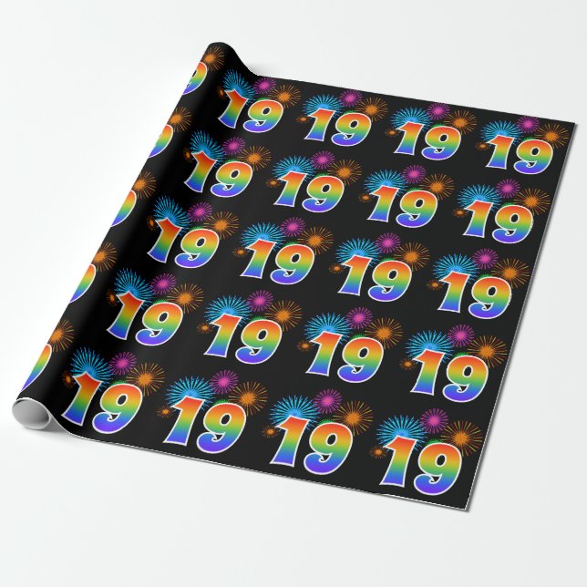 Fun Fireworks + Rainbow Pattern "19" Event Number Wrapping Paper (Unrolled)