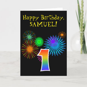 Fun Fireworks + Rainbow Pattern "1" Birthday # Card