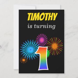 Fun Fireworks + Rainbow Pattern "1" Birthday # Invitation