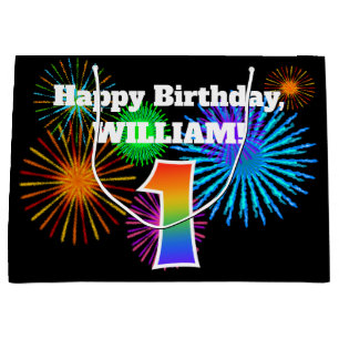 Fun Fireworks + Rainbow Pattern "1" Birthday # Large Gift Bag