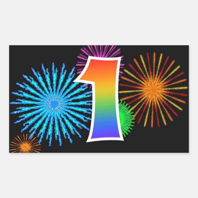 Fun Fireworks + Rainbow Pattern "1" Event Number Sticker (Front)