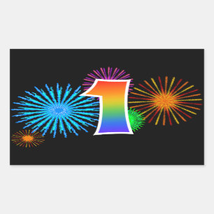 Fun Fireworks + Rainbow Pattern "1" Event Number Sticker