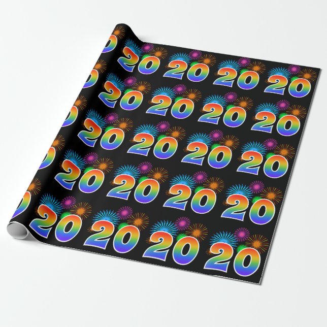 Fun Fireworks + Rainbow Pattern "20" Event Number Wrapping Paper (Unrolled)