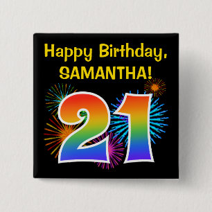 Fun Fireworks + Rainbow Pattern "21" Birthday # 2 Inch Square Button