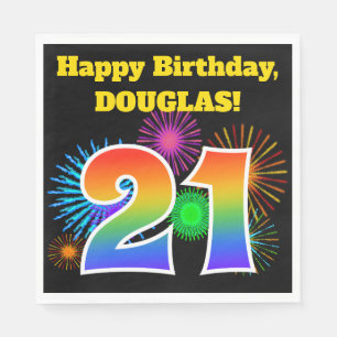 Fun Fireworks + Rainbow Pattern "21" Birthday # Napkin