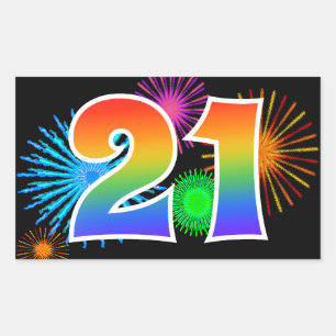 Fun Fireworks + Rainbow Pattern "21" Event Number Sticker