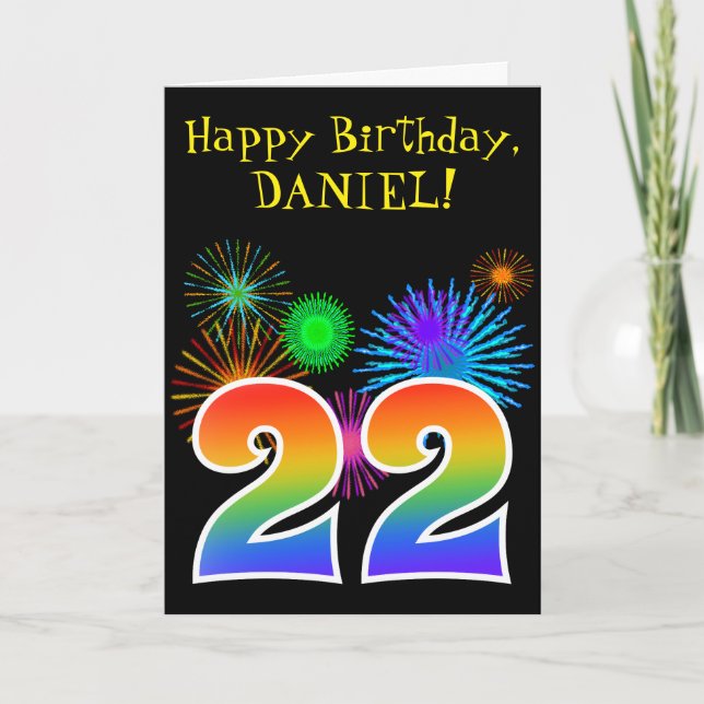 Fun Fireworks + Rainbow Pattern "22" Birthday # Card (Front)