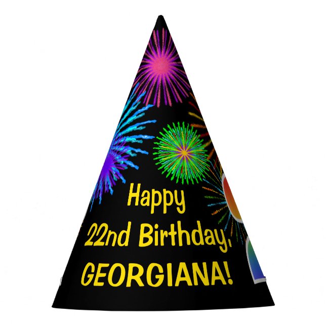 Fun Fireworks + Rainbow Pattern "22" Birthday # Party Hat (Front)