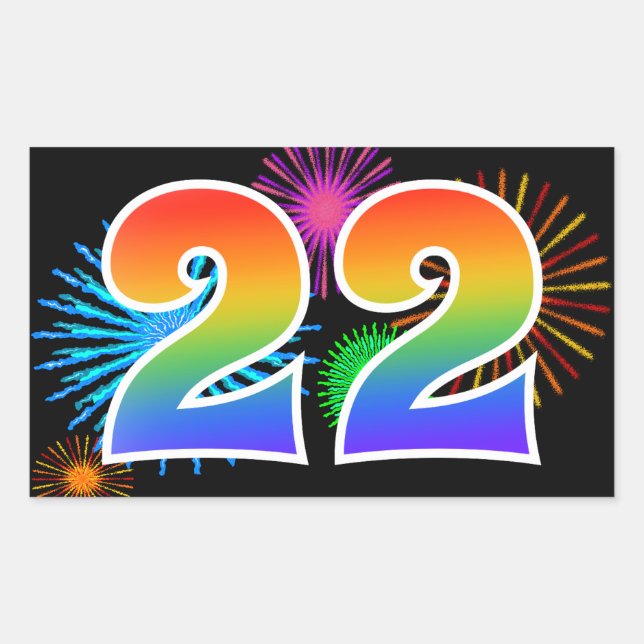 Fun Fireworks + Rainbow Pattern "22" Event Number Sticker (Front)