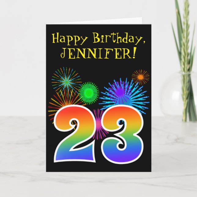Fun Fireworks + Rainbow Pattern "23" Birthday # Card (Front)